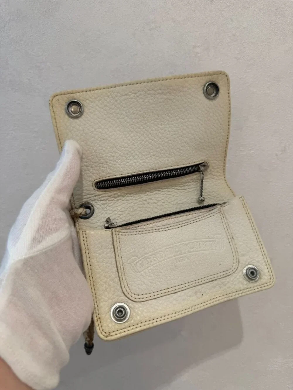 Chrome Hearts Strap 2 Zip Cross Ball Button Leather Wallet White